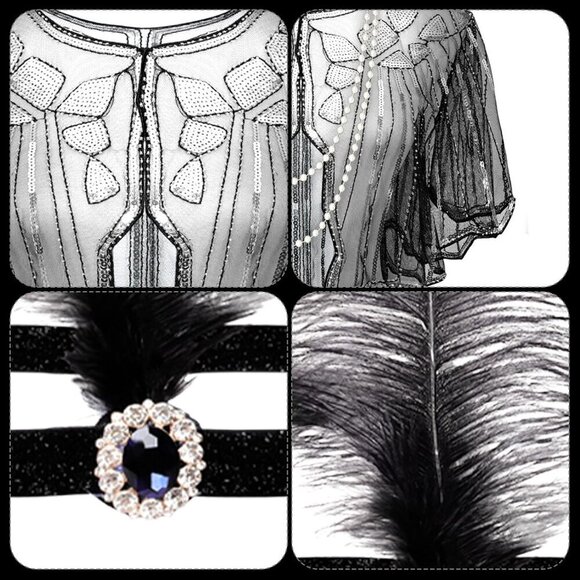 1920s Flapper Costume Accessories Set Sequin Shawl Feather Headpiece Pearl Neckl main image 6